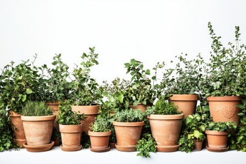 A collection of various herbs potted in terracotta pots arranged in a row against a white background.