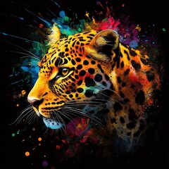 Vibrant, colorful portrait of a leopard's head, set against a dynamic splash of paint