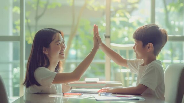 A smiling woman and a boy seated at a table give each other a high five, backlit by sunlight filtering through a large window. The setting suggests a home or educational environment.