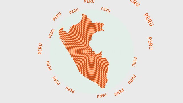 Peru shape with dynamic circles visual effect. Animation of Peru logo appearing from rotating rings and Country name around the shape. Intro, opening, closing, logo video.