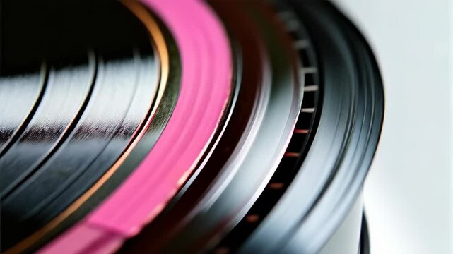 Close up shot of stacked vinyl records with reflective surfaces revealing warm hues, creating a vintage aesthetic and artistic composition