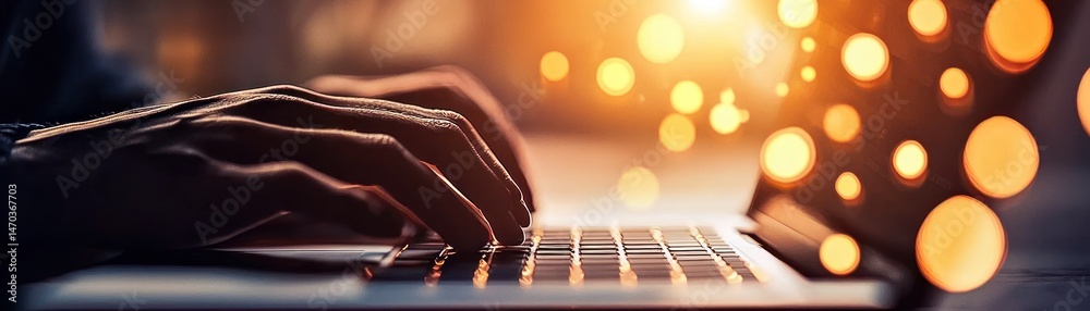 Poster Person typing on the computer keyboard with artistic glowing bokeh