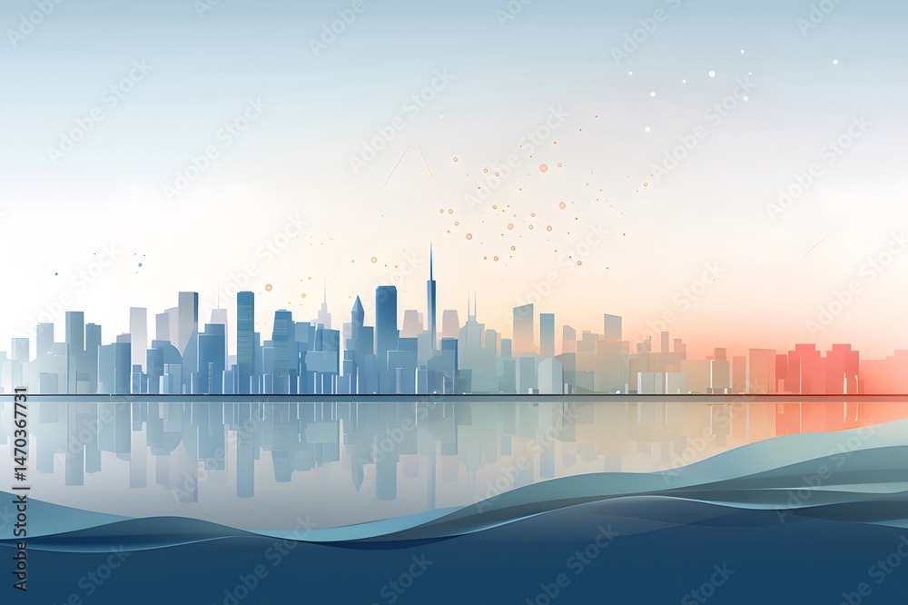 Poster 水面反射と抽象的な背景を持つ青とオレンジ色の都市スカイラインのシルエット 都市の景観デザインの背景画像