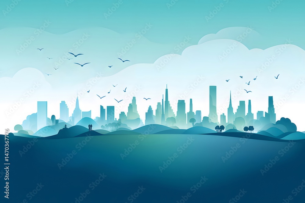 Aufkleber 青色都市のシルエットのスカイライン風景 水面に反射する高層ビル群と空を飛ぶ鳥の群れ モダンな幾何学的抽象デザイン