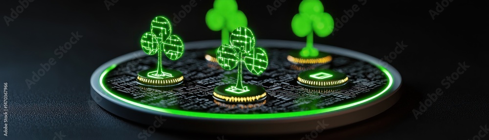Poster Glowing digital symbols are displayed on a circular circuit board platform