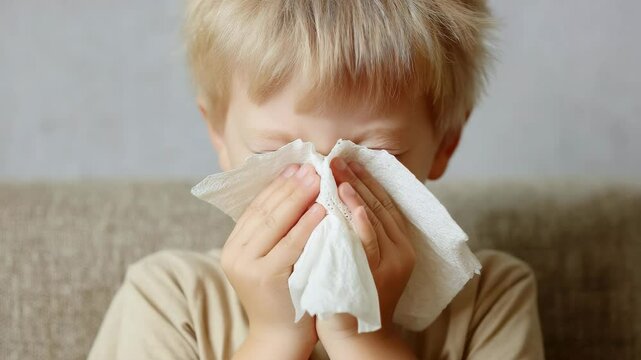 Blonde caucasian child with flushed cheeks covering nose and mouth with tissue while sneezing indoors against neutral background on sofa