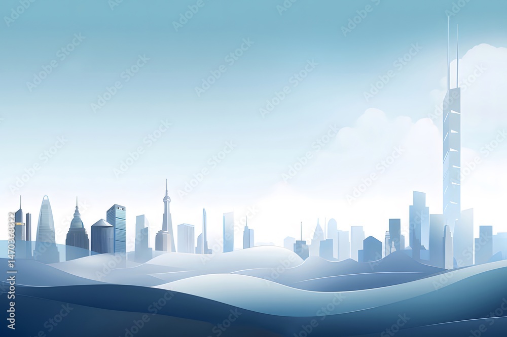 Poster 青色の背景にシルエットの高層ビルが並ぶ都市景観のベクトルイラストレーション