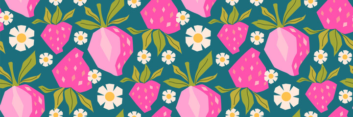 Geometric low poly seamless pattern with strawberry. Berry, leaves, and daisy on blue background. Perfect for textiles, packaging, seasonal menu, summer cocktail. Vector flat illustration.