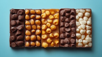 A close up of five chocolate bars with different toppings on a blue background studio shot top view