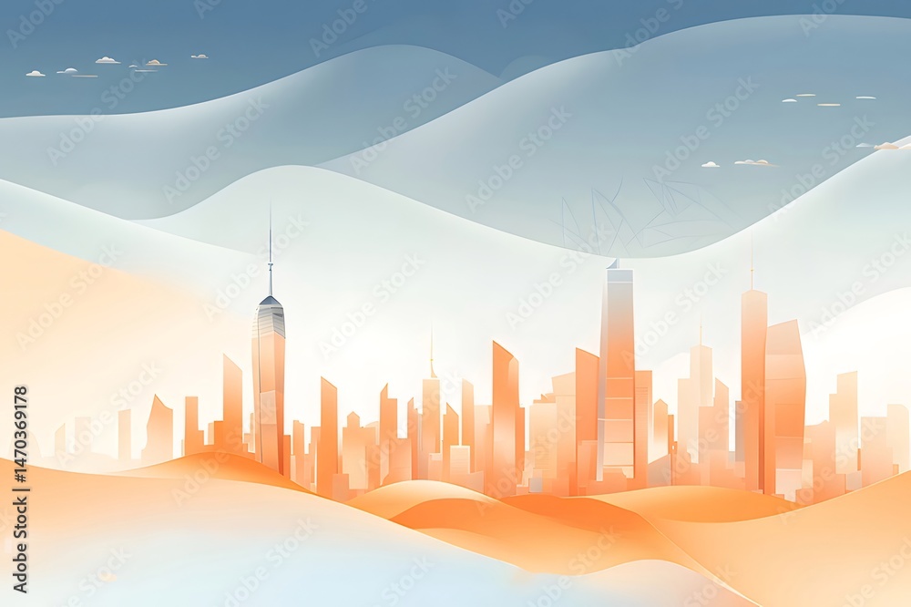 Aufkleber オレンジと青のミニマルな都市景観のイラスト 山の背景に高層ビルが並ぶ未来的な都市の景観
