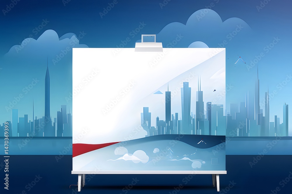 Aufkleber 青い空と雲の背景に抽象的な街並みのイラストと白いキャンバスのグラフィックデザイン