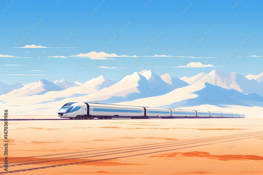Poster 砂漠の風景の中を走る高速列車 青い空と雪をかぶった山の背景 現代的なデザインの鉄道輸送のイラスト