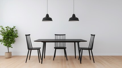 Modern dining space showcasing a dark table, chairs, pendant lights, and plant against a minimalist white wall backdrop.