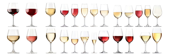 Variety of Wine Glasses with Different Types of Wine and Colors, Isolated on Transparent, white background