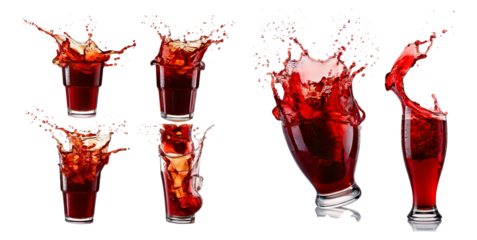 Vibrant Red Liquid Splash in Glasses Captured in Dynamic Motion, Isolated on Transparent, white background