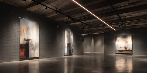 Modern art gallery interior showcasing abstract paintings on gray brick walls, illuminated by track lighting, creating a sophisticated and minimalist atmosphere