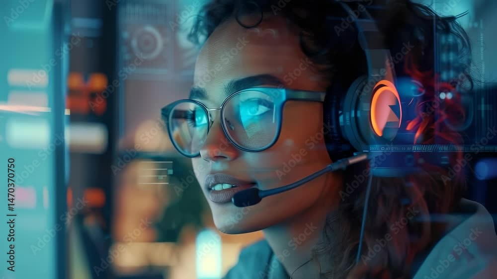 Poster a woman with glasses and a headset is focused on her computer. the futuristic scene suggests she's w