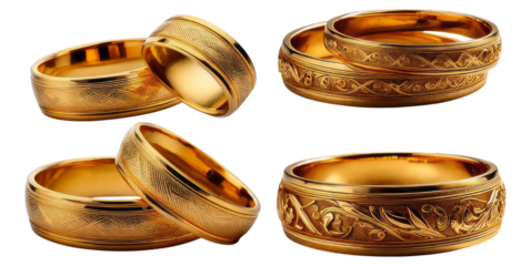 Elegant Golden Rings with Intricate Patterns and Designs, Isolated on Transparent, white background