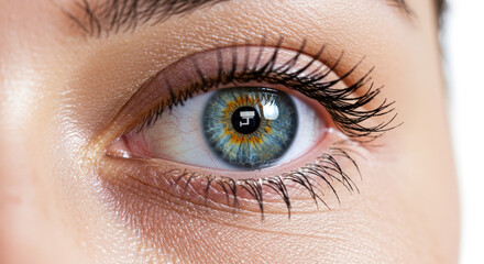 Obraz premium Close-up of human eye with unique green-orange iris and reflection detail