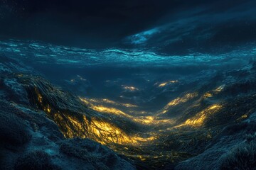 Fototapeta premium Underwater landscape with golden bioluminescence flowing through a dark, textured seabed, viewed from below a rippling surface.