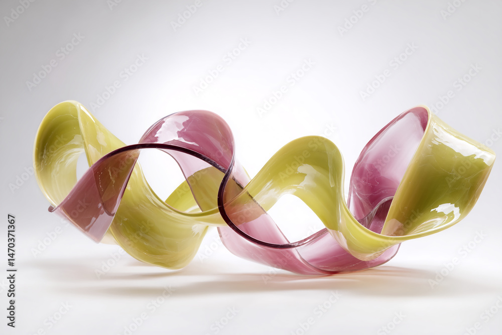 Poster abstract glass sculpture showcasing flowing, intertwined yellow and pink forms, creating a dynamic a