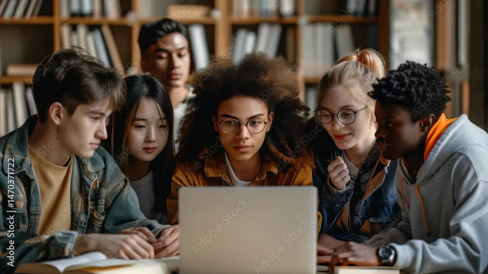 Poster group of young, diverse students working together on a laptop in a library setting. they are focused