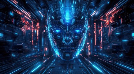 Cyberpunk AI Face in Neon Tunnel