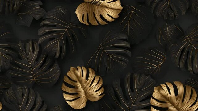 Stylized tropical monstera leaves in matte black and metallic gold arranged in a seamless pattern over a rich dark background, evoking a sophisticated and decorative concept