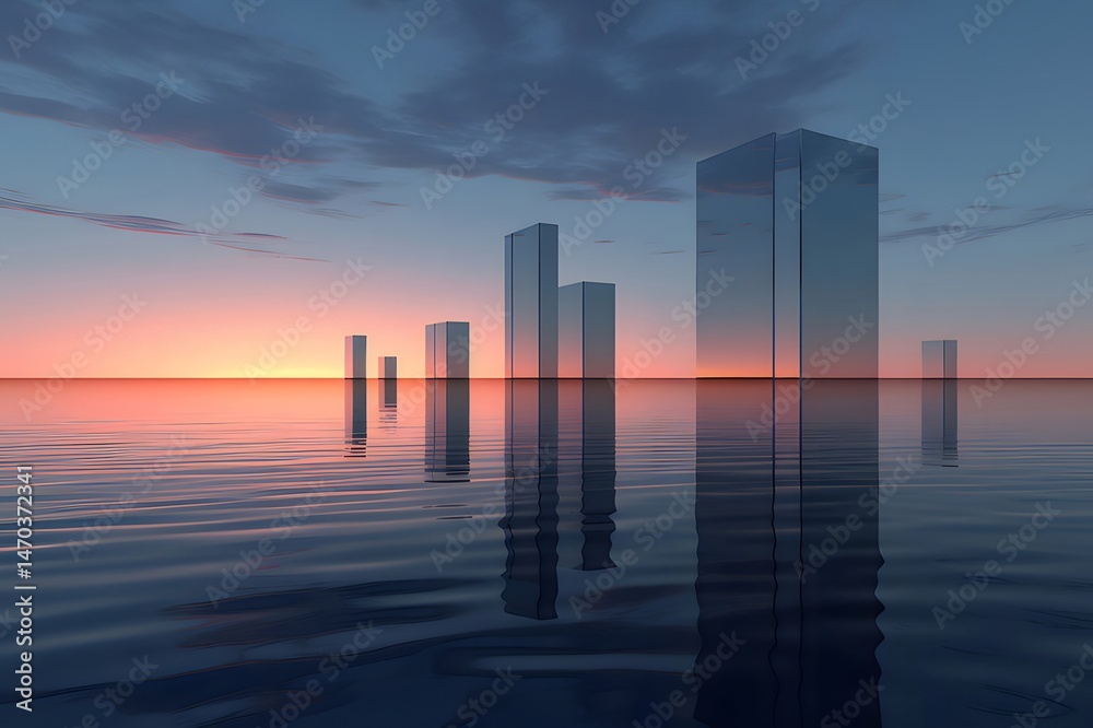 Poster 青い水とオレンジ色の空に浮かぶ近代的な建築物のシルエットと反射を描いた幻想的な都市景観の夕暮れ
