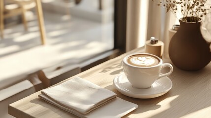 beige and white coffee shop table with latte, neutral napkins, and delicate accessories, luxury light style