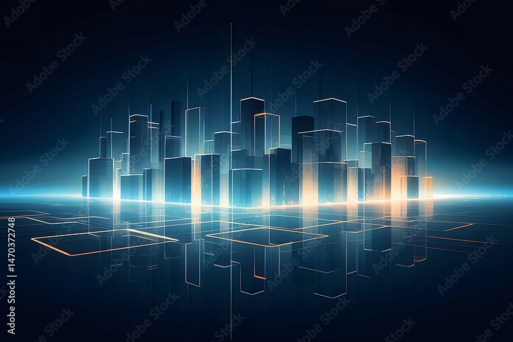 Aufkleber 青色の背景に光るライトが付いた抽象的な未来的な都市のスカイラインの夜景