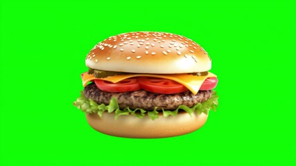 Juicy hamburger with lettuce tomato cheese and pickles displayed on a vibrant green screen for enticing visuals and creative presentations