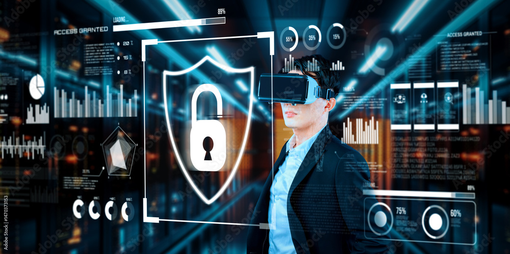 Poster business man looking at security system hologram and standing at data center. skilled project manage