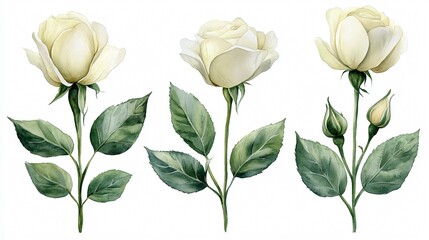 Beautiful Roses Flowers Set with Green Leaves and Buds Isolated on White Background