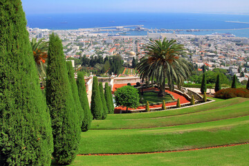 Spectacular View of Bahá'í Gardens and Shrine of the Báb in Haifa, Israel Overlooking the City...
