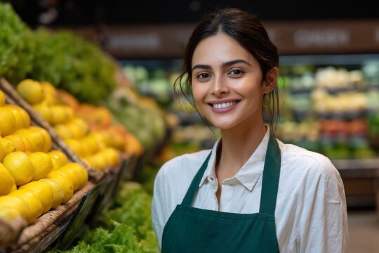 Smiling young woman stands inside a grocery store, surrounded by fresh produce