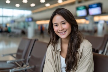 Smiling young woman with long hair at a modern airport, waiting at a departure area