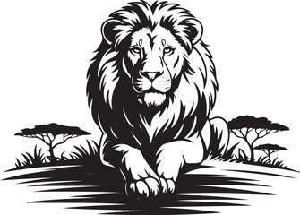 Lion Resting on a Savannah Hill – Black and White Vector Illustration