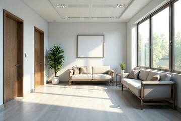 Obraz premium Modern, clean doctor's office waiting area with comfortable seating and natural light , modern, plants, space