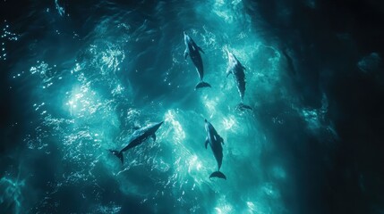 Fototapeta premium bottom view of dolphins swimming in pristine turquoise sea, peaceful oceanic scene, lights shinning from above