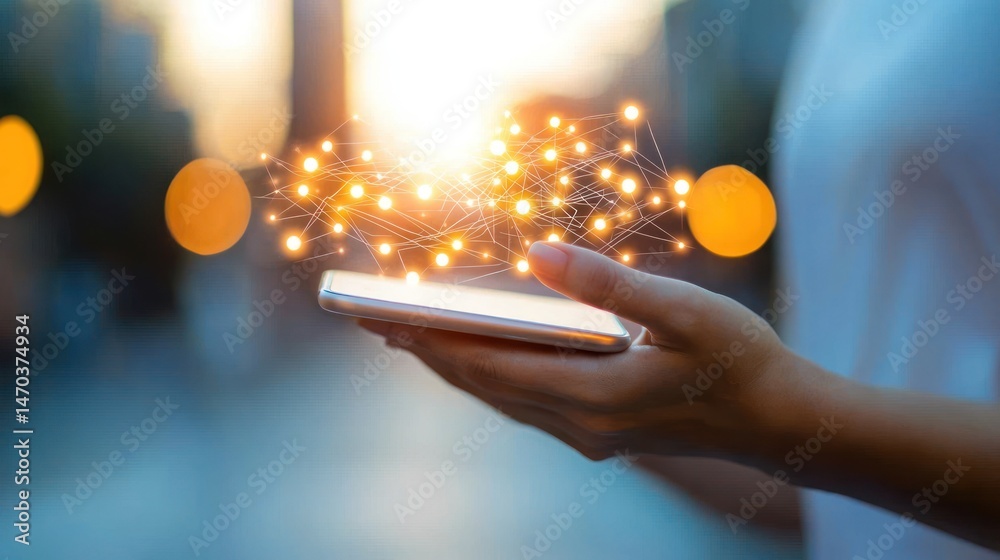 Poster hands holding a mobile device with networked glowing connections