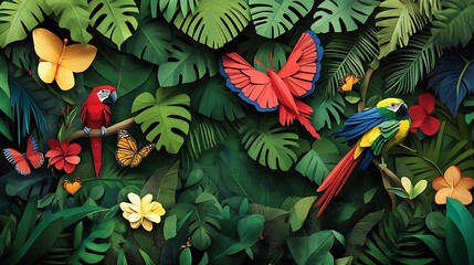Paper art parrots jungle scene.