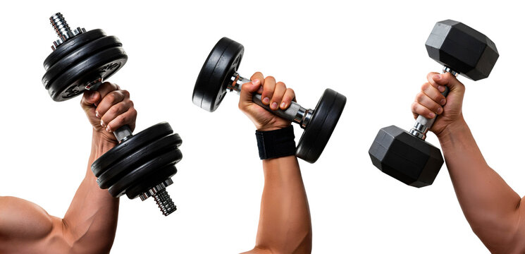Conjunto de bra&ccedil;os masculinos fazendo muscula&ccedil;&atilde;o utilizando halteres. Conjunto de pesos sendo arguidos por homem de academia