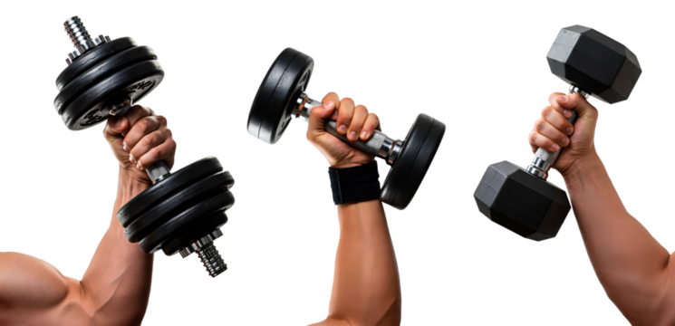 Conjunto de braços masculinos fazendo musculação utilizando halteres. Conjunto de pesos sendo arguidos por homem de academia