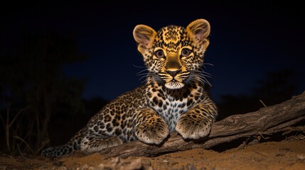 Obraz premium A young leopard cub rests on a log at night, its fur glowing in the dim light. Its large eyes stare directly at the camera