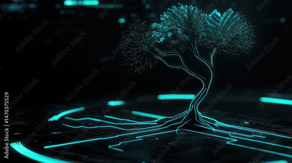 Poster a futuristic digitally rendered tree with glowing electronic circuits
