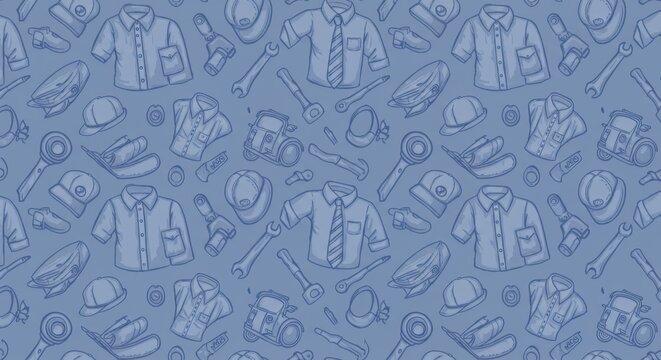 Blue background with repeating patterns of shirts hats tools and vehicles illustration design