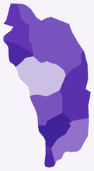 Map of Dominica with regions. Just a simple country border map with region division. Deep purple color palette. Plain Dominica shape with administrative division. Vector illustration.