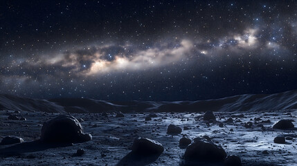 Alien Planet Surface at Night with Starry Sky and Milky Way Galaxy