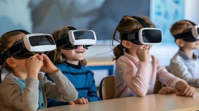 Children wearing virtual reality headsets sit at desks in a classroom, engaged in immersive learning. Their expressions suggest excitement and curiosity as they explore new digital worlds together.